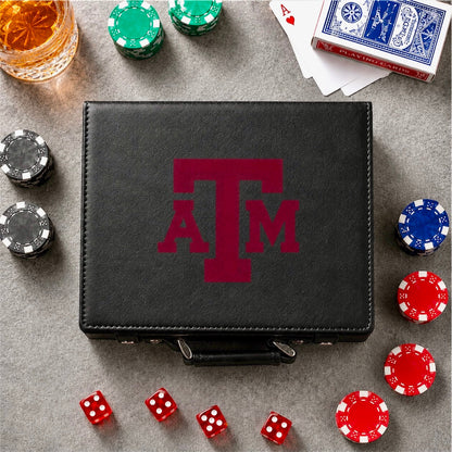Officially Licensed Texas A&M 100-Chip Leather Poker Set in black leather case with maroon logo on Tampa Home & Garden Store