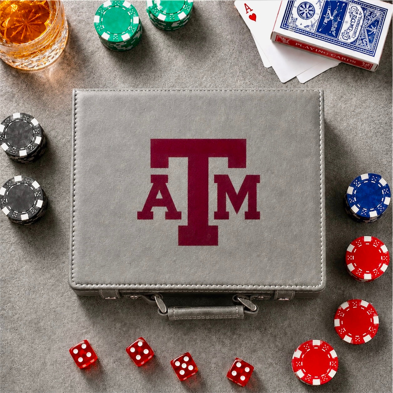 Texas A&M 100-Chip Leather Poker Set in gray case with TAMU logo by Ryan's Woodworking on Tampa Home & Garden Store