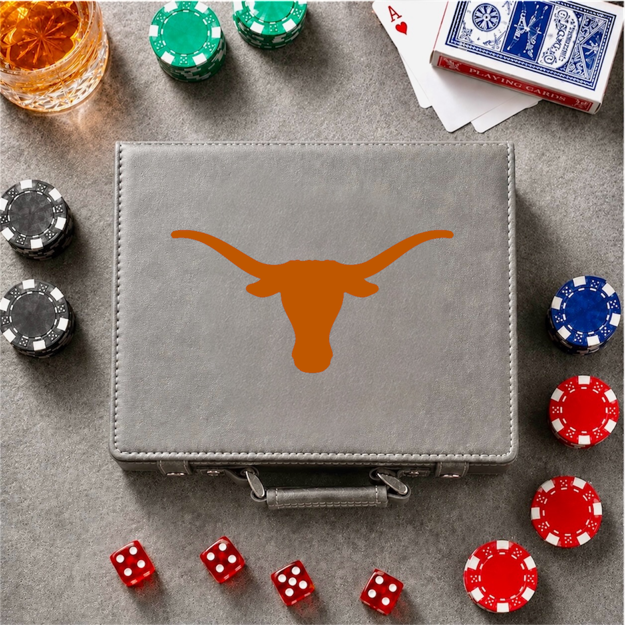 Texas Longhorn color printed 100-chip poker set in gray case with orange longhorn logo on Tampa Home & Garden Store