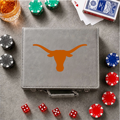 Texas Longhorn color printed 100-chip poker set in gray case with orange longhorn logo on Tampa Home & Garden Store