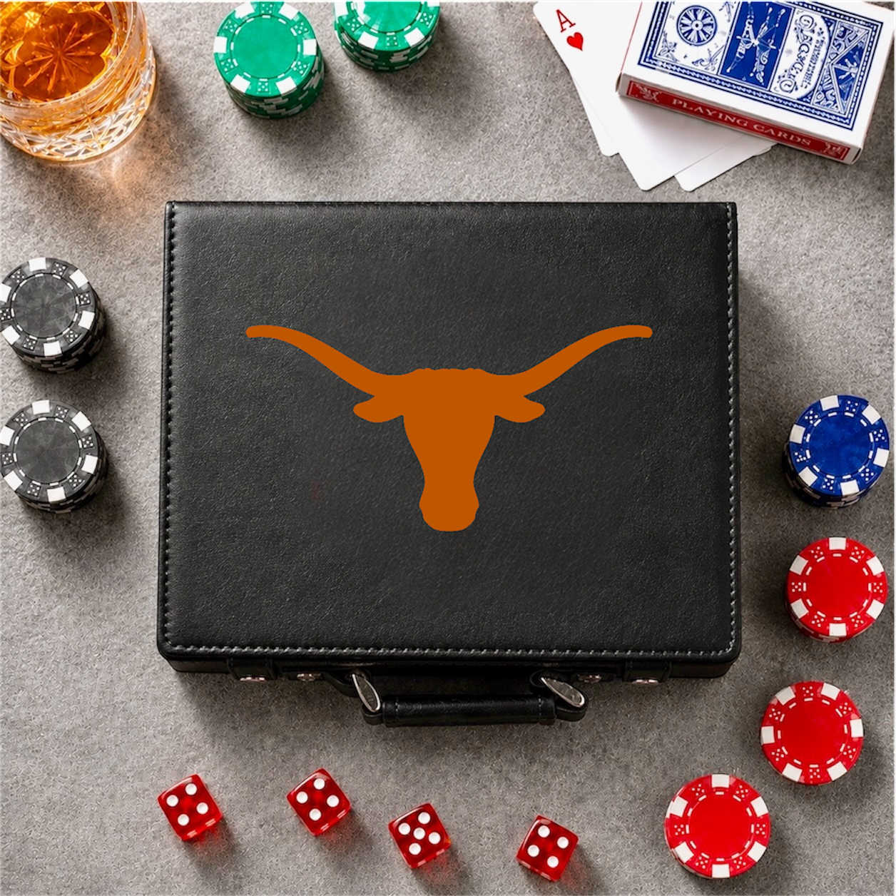 Texas Longhorn 100-chip poker set in a black leather case with orange Longhorn logo on Tampa Home & Garden Store