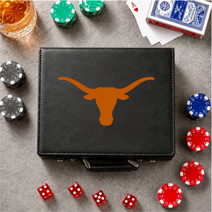 Texas Longhorn 100-chip poker set in a black leather case with orange Longhorn logo on Tampa Home & Garden Store
