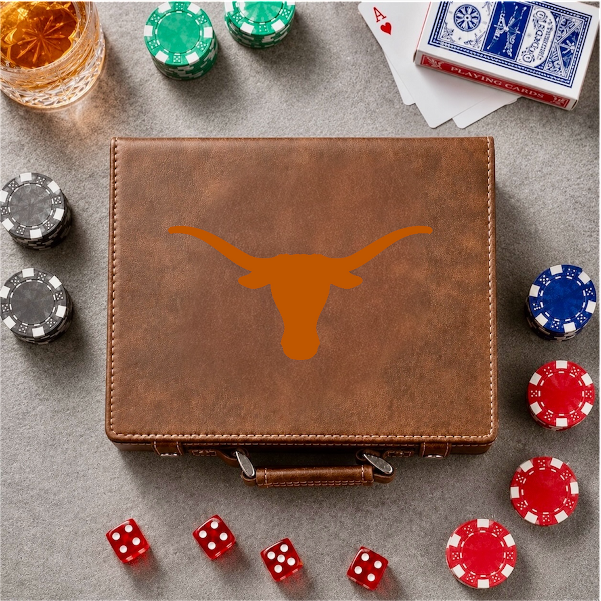 Texas Longhorn color printed 100 chip poker set in brown leather case with orange logo on Tampa Home & Garden Store
