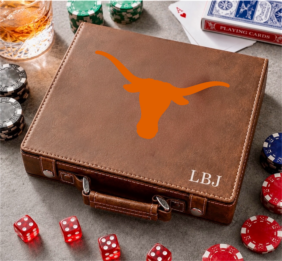 Texas Longhorn color printed 100-chip poker set in brown leather case with LBJ initials on Tampa Home & Garden Store
