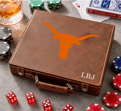 Texas Longhorn color printed 100-chip poker set in brown leather case with LBJ initials on Tampa Home & Garden Store