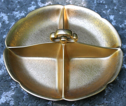 Pickard Divided Bowl with Center Holder.  Dish with Embosssed Rose and Daisy Pattern over AOG.  All Over 24 Karat Gold by Pickard Studio. - Tampa Home & Garden Store