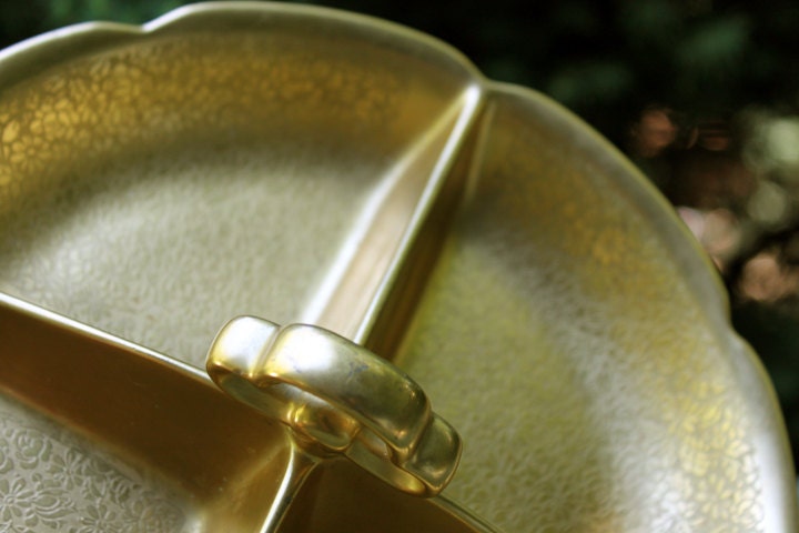 Pickard Divided Bowl with Center Holder.  Dish with Embosssed Rose and Daisy Pattern over AOG.  All Over 24 Karat Gold by Pickard Studio. - Tampa Home & Garden Store