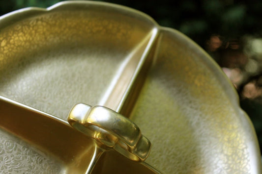 Pickard Divided Bowl with Center Holder.  Dish with Embosssed Rose and Daisy Pattern over AOG.  All Over 24 Karat Gold by Pickard Studio. - Tampa Home & Garden Store