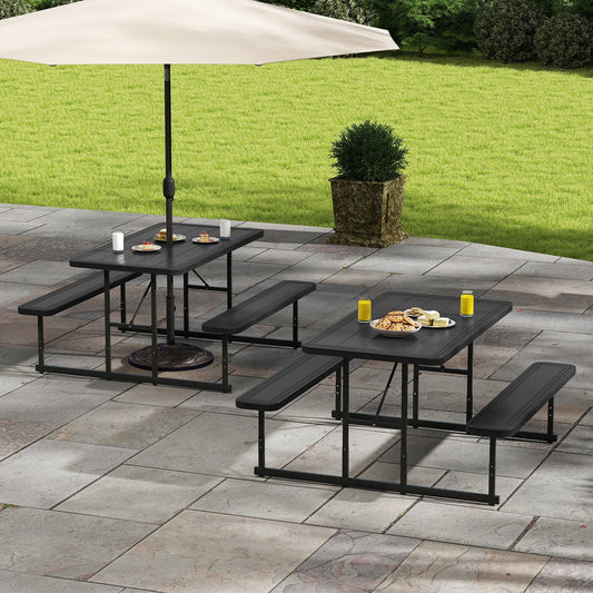 GemGear outdoor picnic table bench set for 2-4 with black metal frame under beige umbrella on Tampa Home & Garden Store