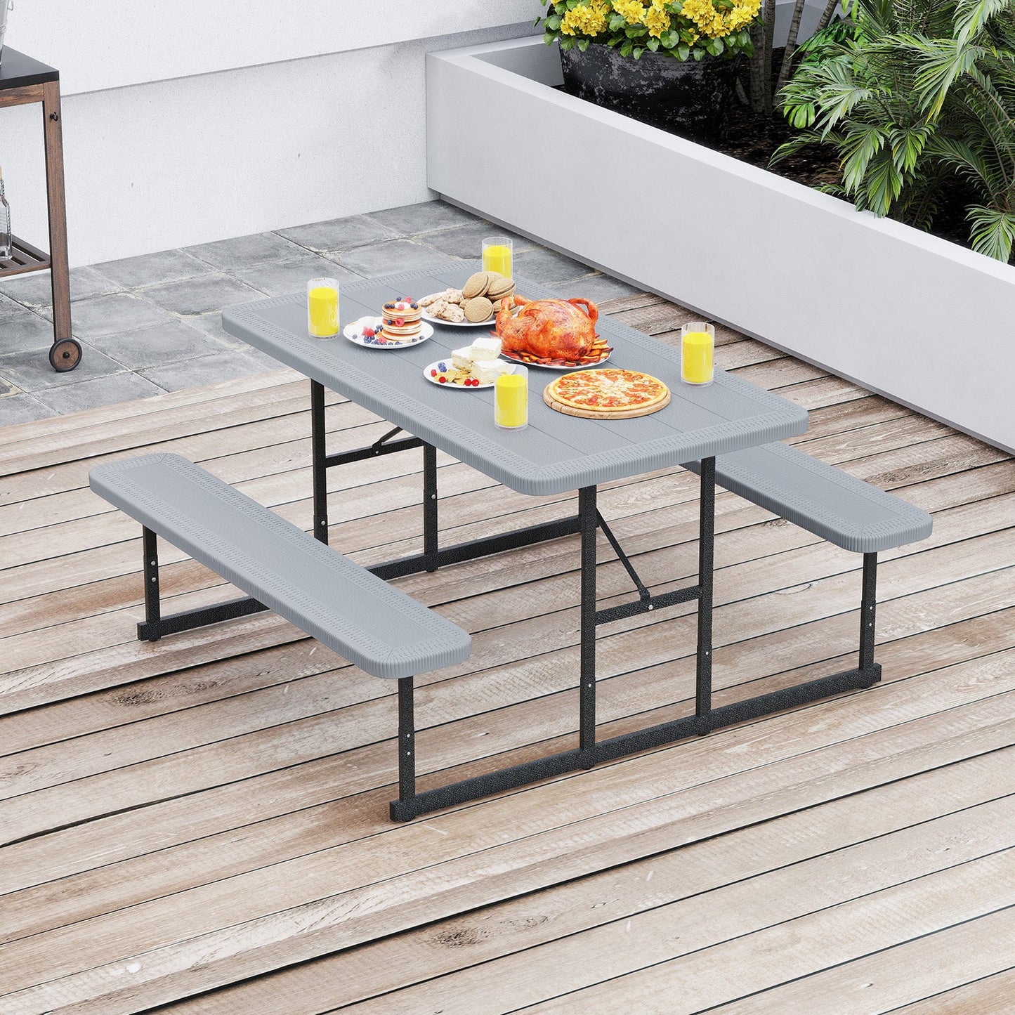 Picnic Table Bench Set for 2-4 People Outdoor Rectangular Camping Dining Table-Gray
