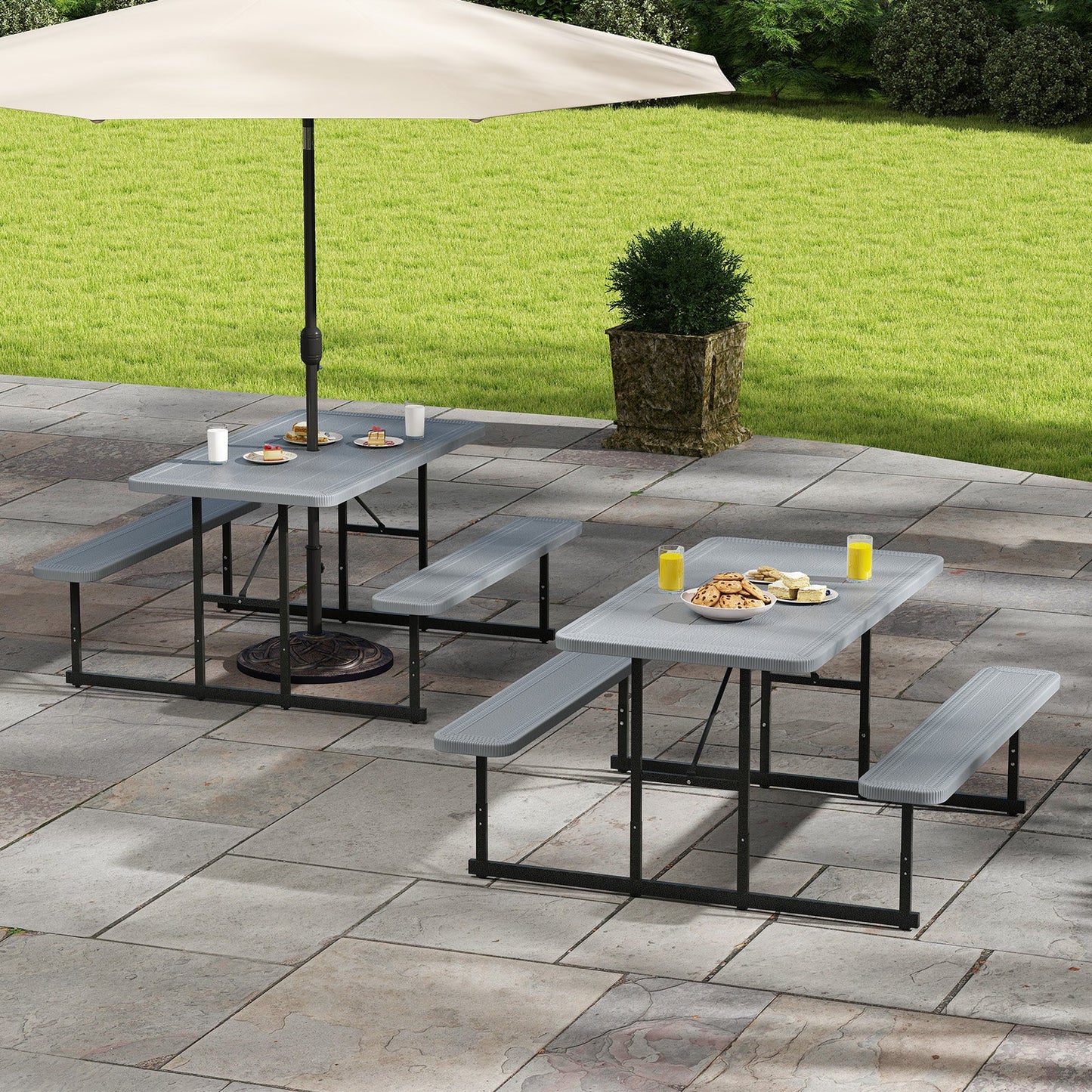 Picnic Table Bench Set for 2-4 People Outdoor Rectangular Camping Dining Table-Gray