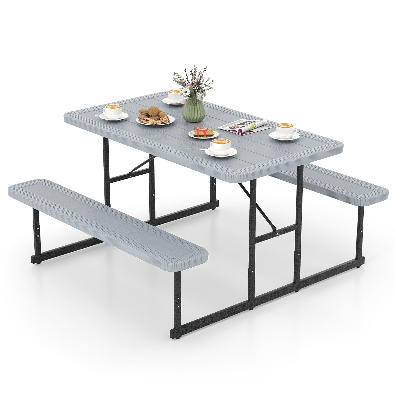 GemGear picnic table bench set for 2-4, gray table with black metal frame and two benches on Tampa Home & Garden Store