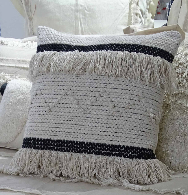 Throw pillow cover with insert, cream beige woven fabric with black stripe bands, Vibhsa on Tampa Home & Garden Store