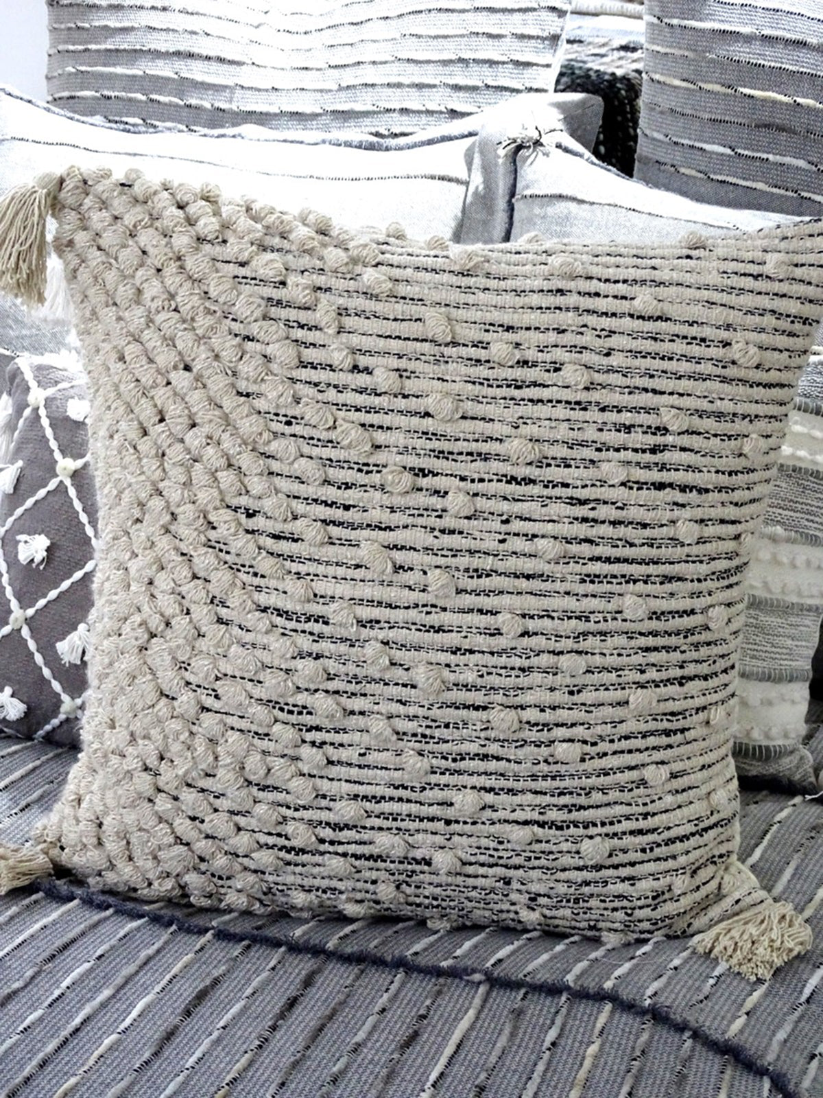 Throw Pillow Cover Beige Woven 20x20 with Insert, Vibhsa brand, textured tufted pom-pom accent on Tampa Home & Garden Store