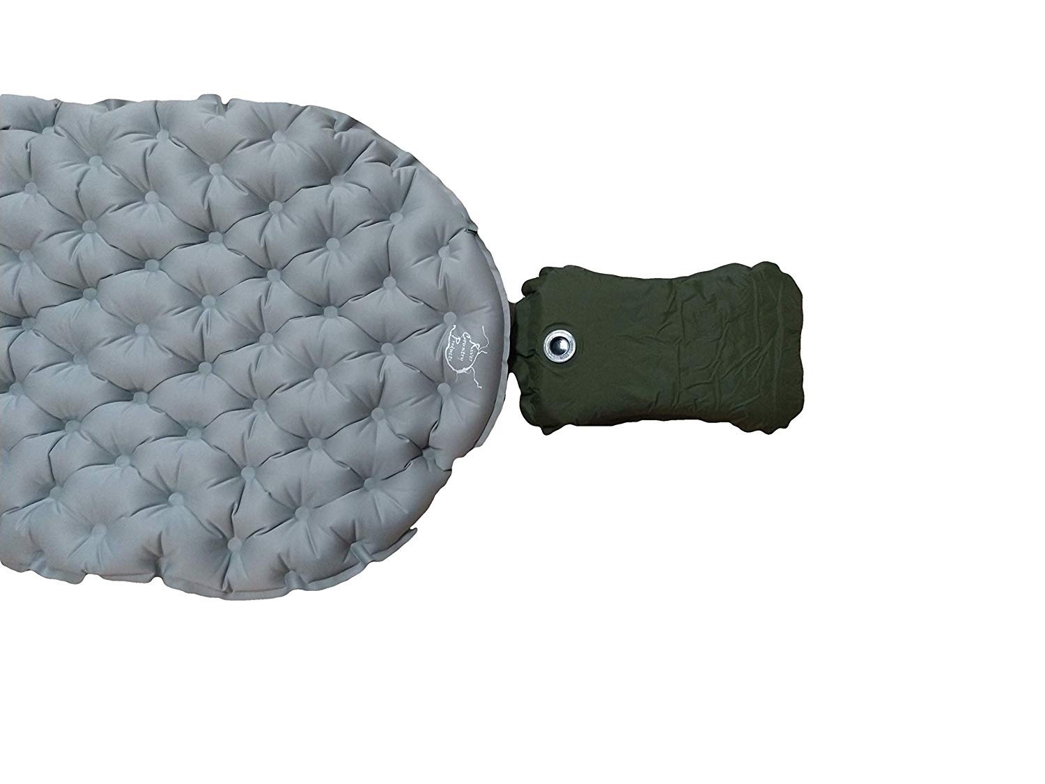Camping Pillow by River Country Gear, round gray tufted pad with green stuff sack attached on Tampa Home & Garden Store