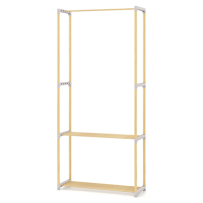 Pine Wood Clothes Rack with 2-Tier Open Storage Shelf for Hanging Clothes-Gray