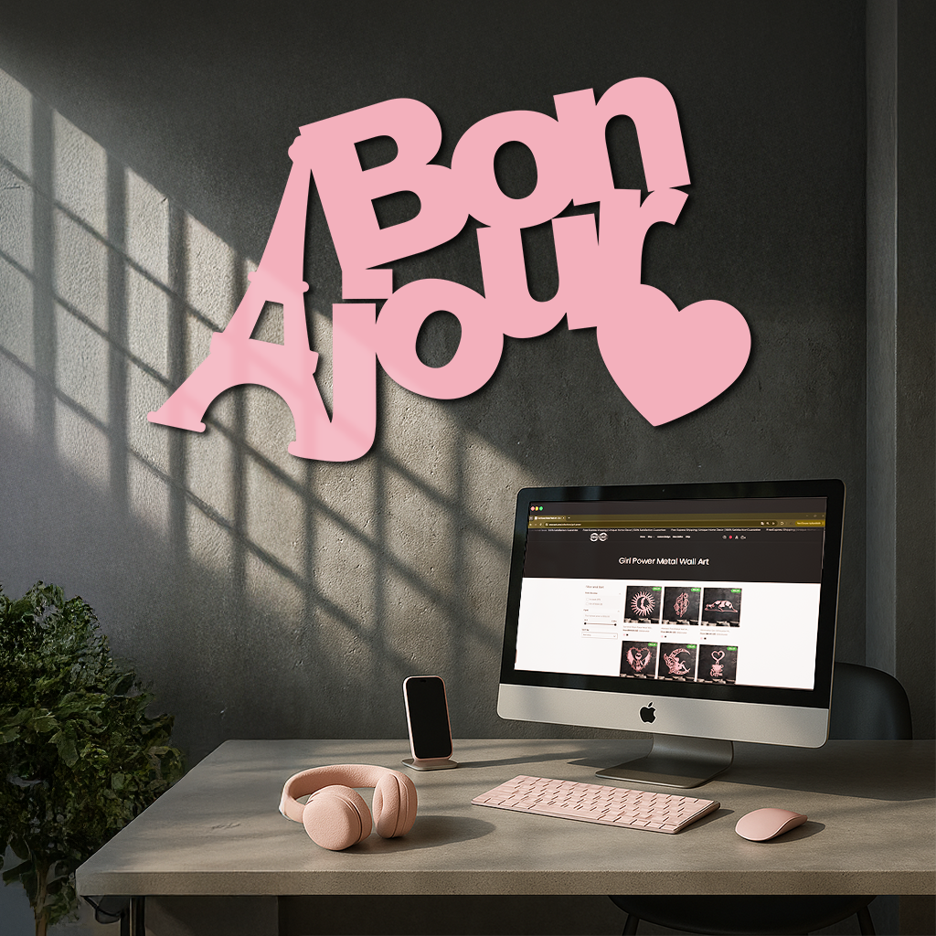 Pink Bonjour Eiffel Tower Metal Wall Art – Paris-Inspired Romantic Decor - KAFGP009 - Tampa Home & Garden Store