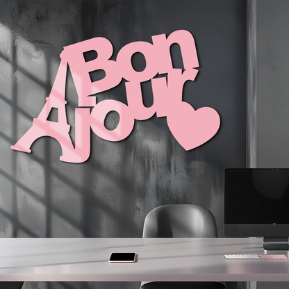 Pink Bonjour Eiffel Tower Metal Wall Art – Paris-Inspired Romantic Decor - KAFGP009 - Tampa Home & Garden Store