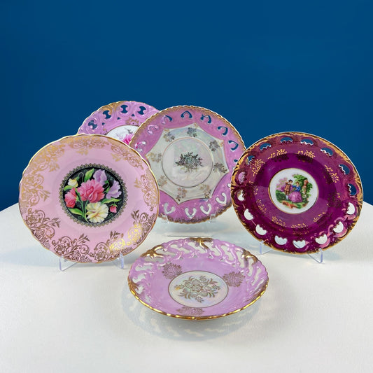 Pink Collection of Vintage Saucers. Mix & Match. Set of 5 Mostly Pink Plates with Lacey Reticulated Edges. Cute Gift Idea for Her. - Tampa Home & Garden Store