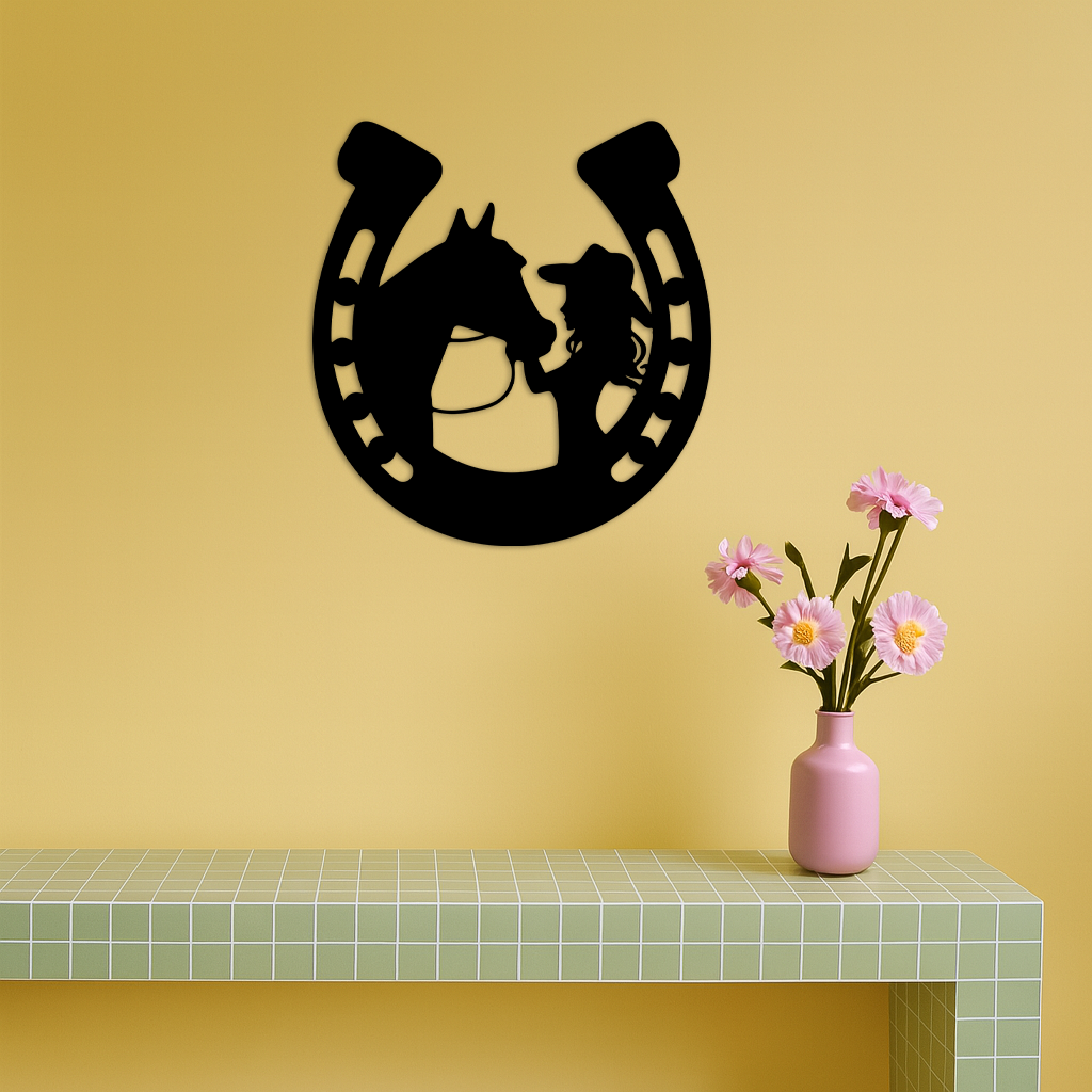 Pink Cowgirl and Horse Silhouette Metal Wall Art – Western Horseshoe Decor - KAFGP023 - Tampa Home & Garden Store