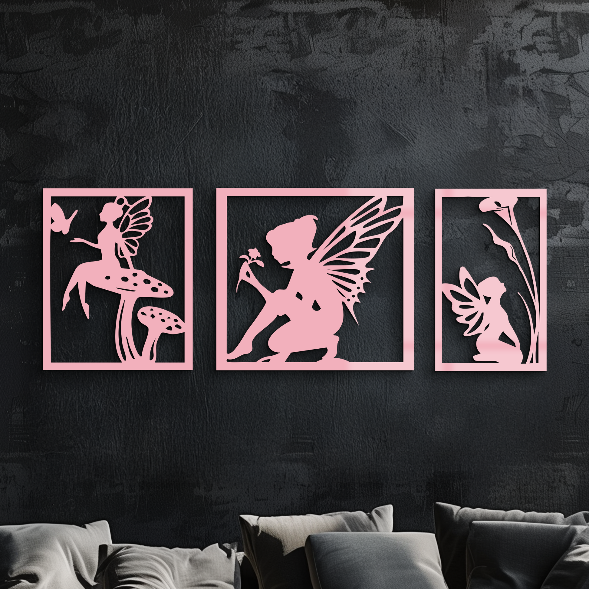 Pink Fairy Trio Metal Wall Art – Set of Three Fantasy Silhouette Panels - KAFGP156 - Tampa Home & Garden Store