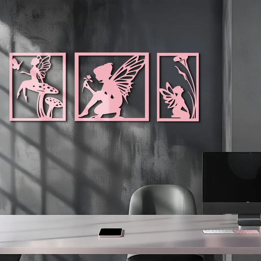 Pink Fairy Trio Metal Wall Art Panels, set of three pink silhouette fairies framed for wall display on Tampa Home & Garden Store