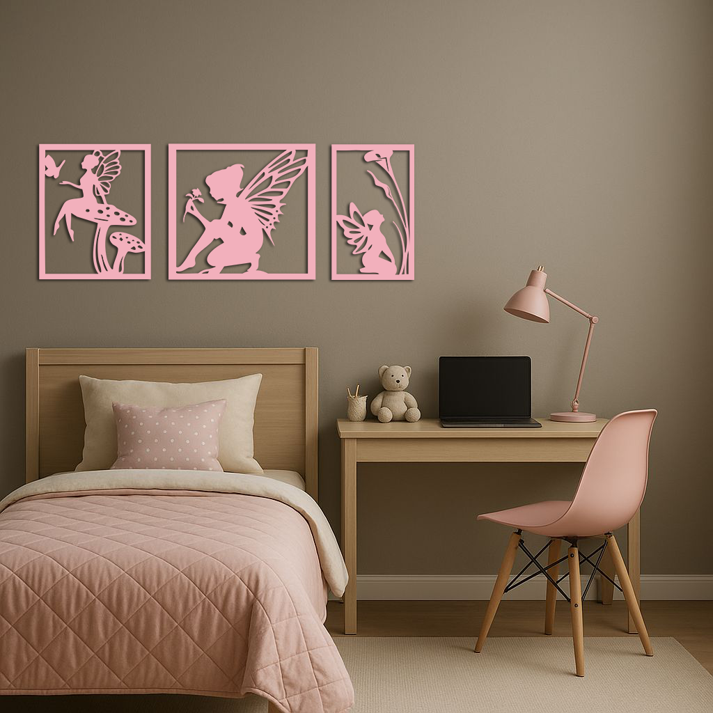 Pink Fairy Trio Metal Wall Art – Set of Three Fantasy Silhouette Panels - KAFGP156 - Tampa Home & Garden Store