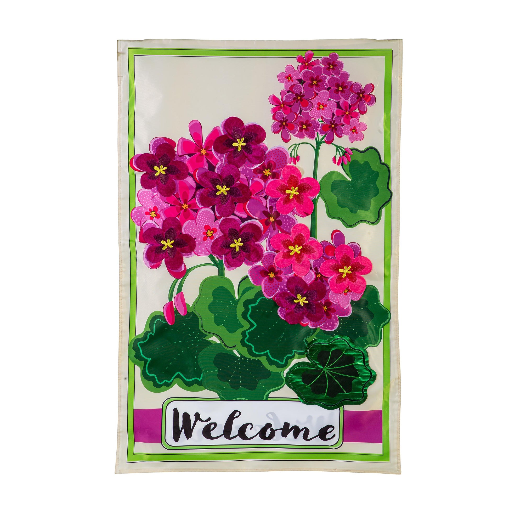 Pink Geranium Welcome Applique House Flag - Tampa Home & Garden Store