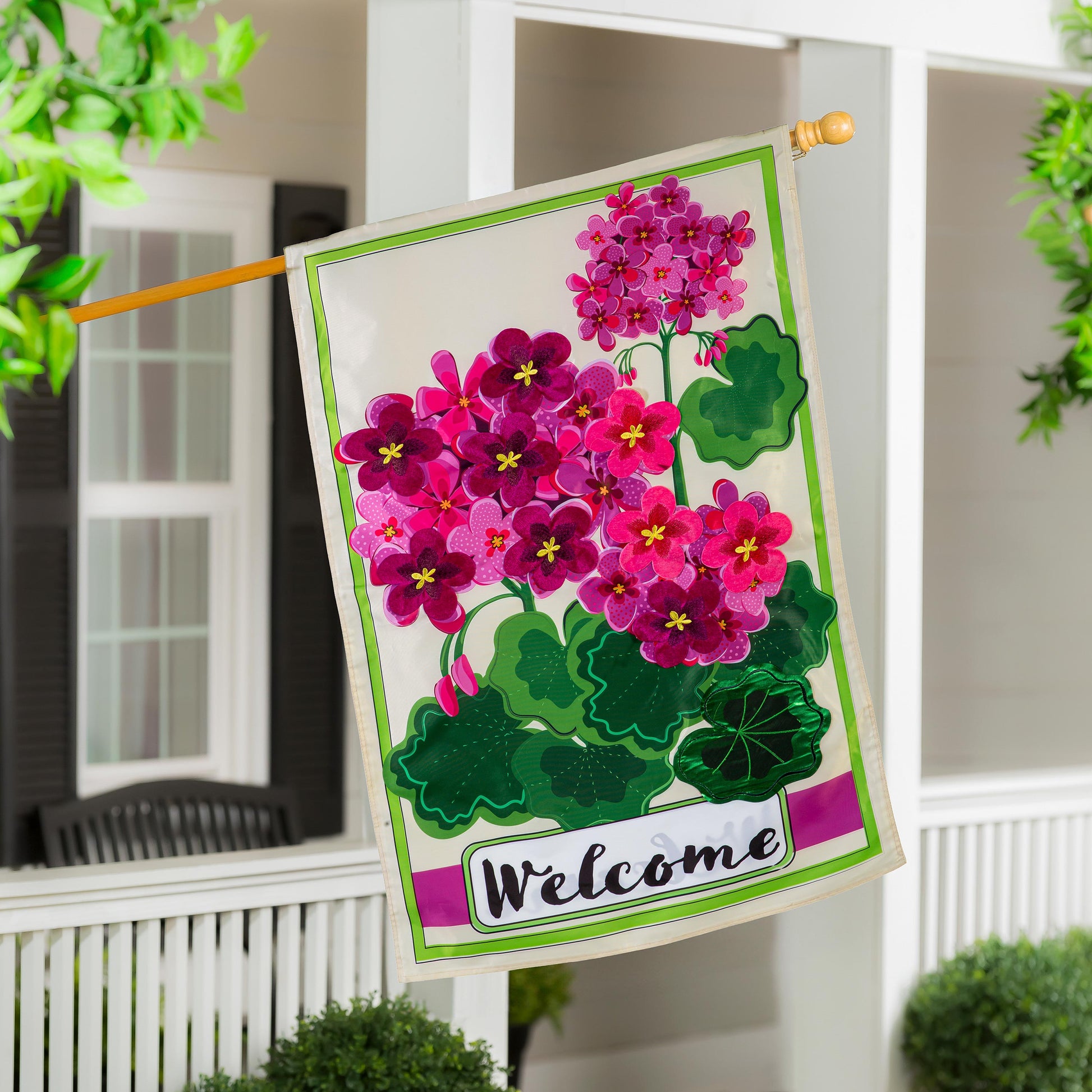 Pink Geranium Welcome Applique House Flag - Tampa Home & Garden Store