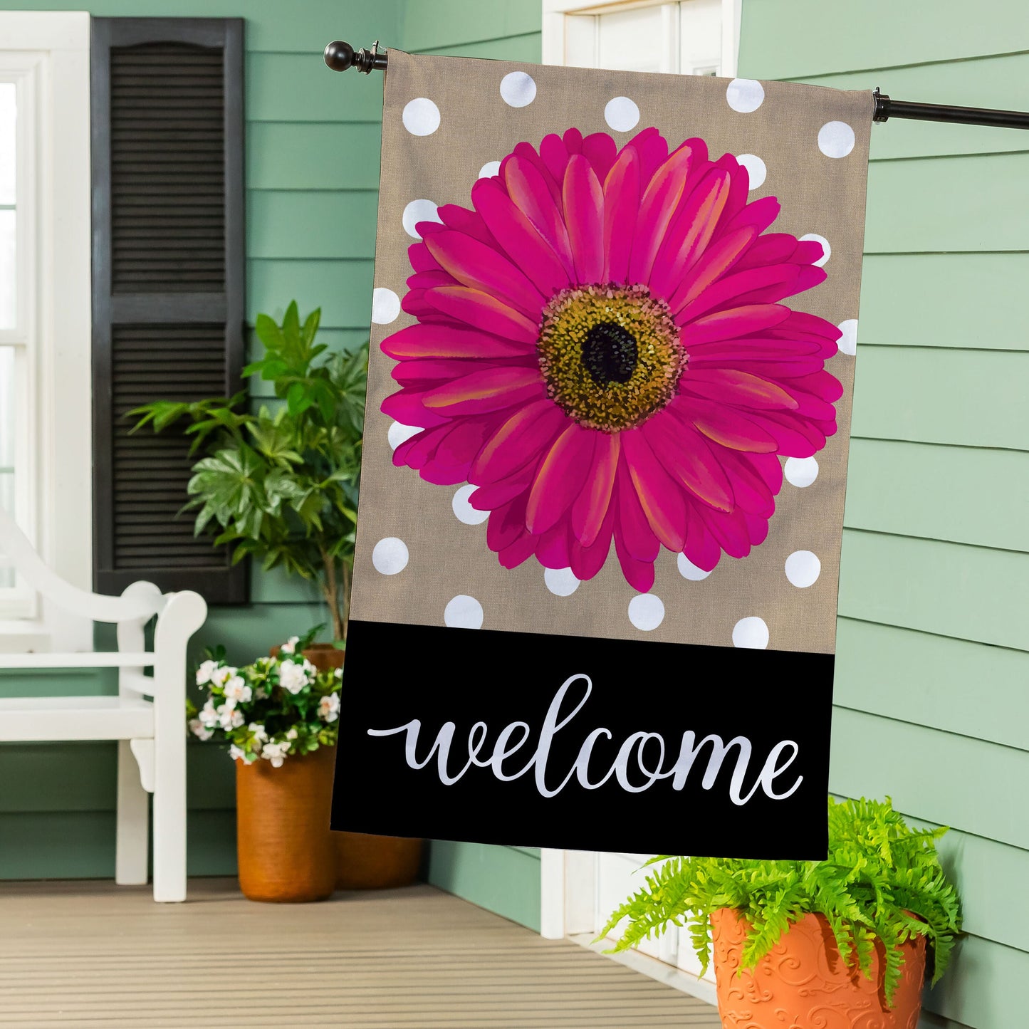 Pink Gerbera Dots Burlap House Flag - Tampa Home & Garden Store