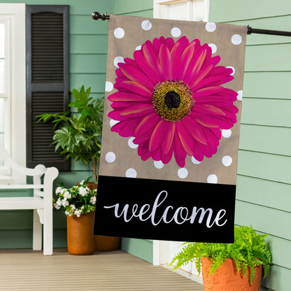 Pink Gerbera Dots Burlap House Flag - Tampa Home & Garden Store