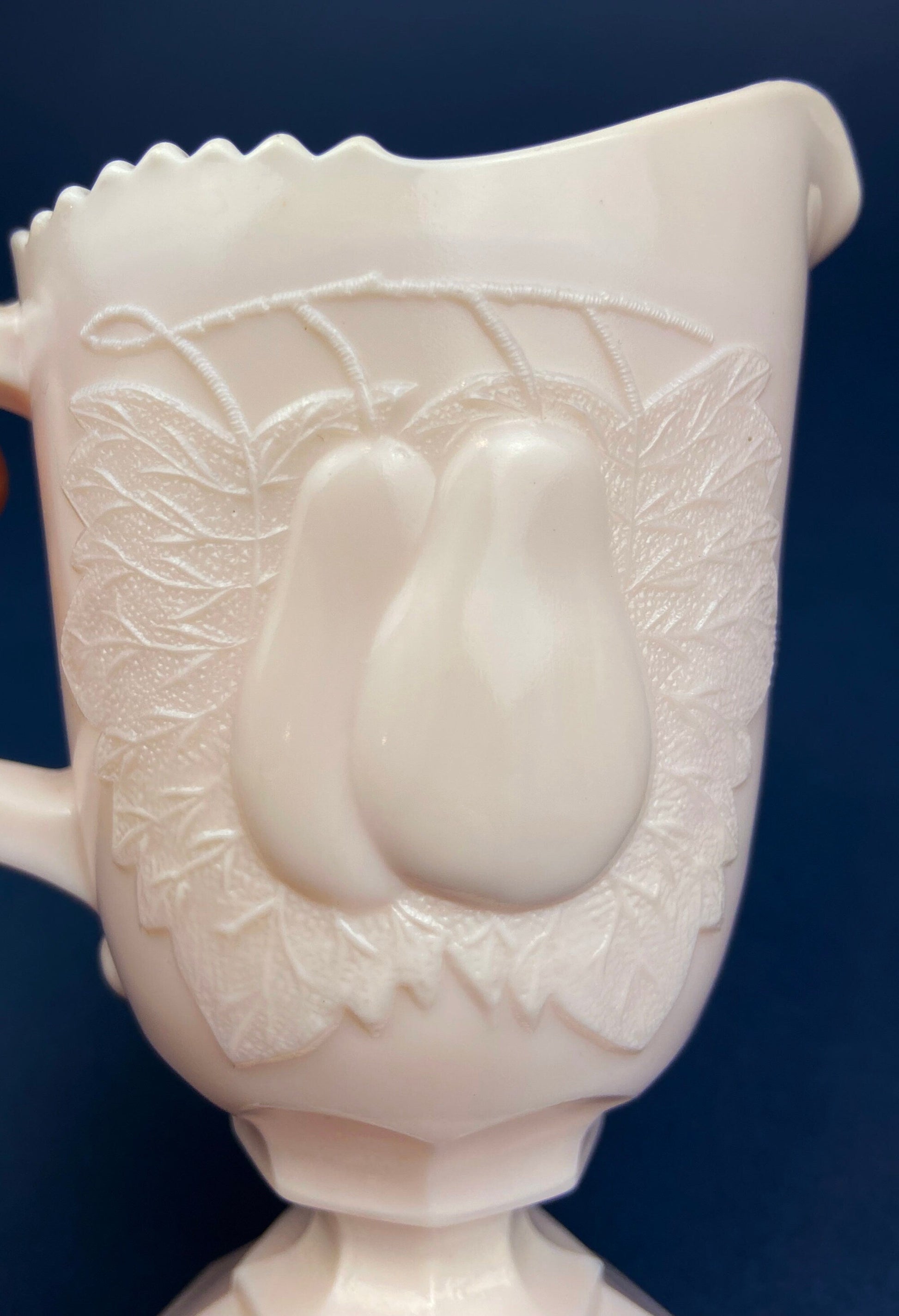 Pink Milk Glass Footed Creamer with Pear Motif. Collectible Tableware. - Tampa Home & Garden Store