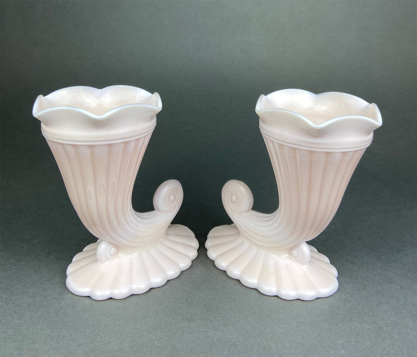 Pink Milk Glass Horn Vases. Pair of Cornucopia Shaped Vases in Rare Shell Pink. Table Centerpieces. Collectible Floral Vases. - Tampa Home & Garden Store