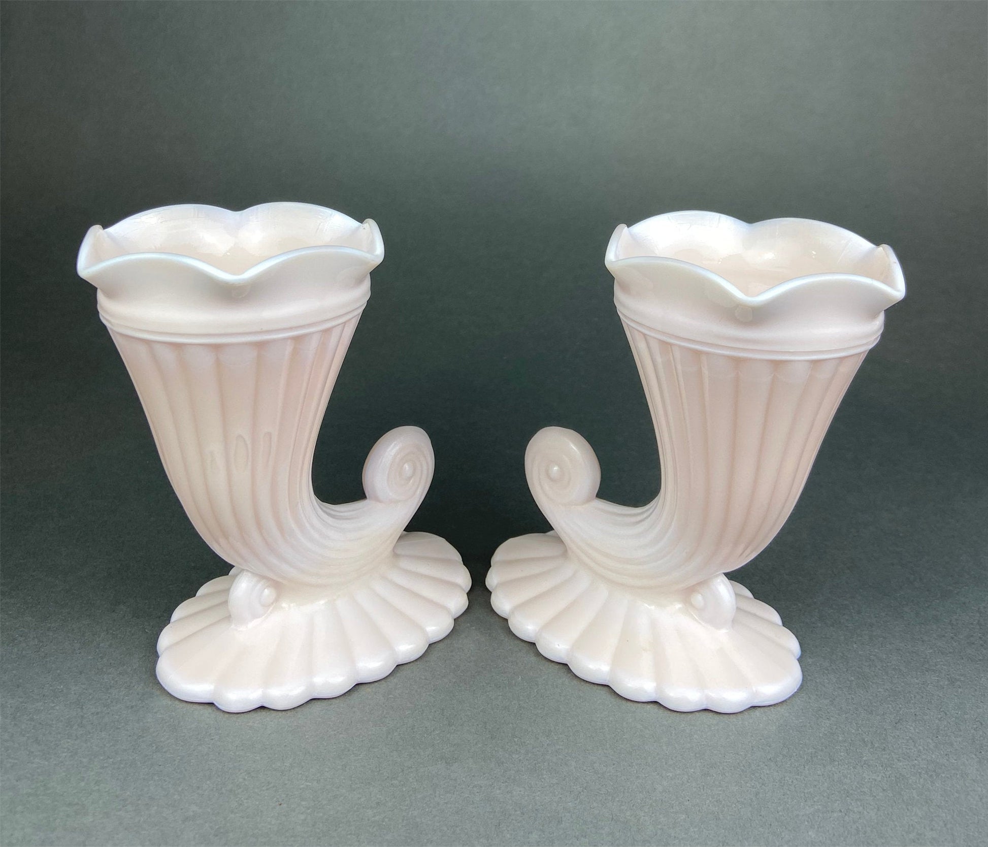 Pink Milk Glass Horn Vases. Pair of Cornucopia Shaped Vases in Rare Shell Pink. Table Centerpieces. Collectible Floral Vases. - Tampa Home & Garden Store