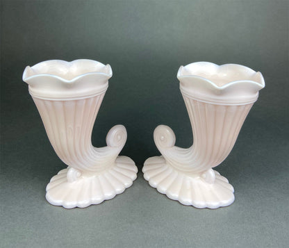 Pink Milk Glass Horn Vases. Pair of Cornucopia Shaped Vases in Rare Shell Pink. Table Centerpieces. Collectible Floral Vases. - Tampa Home & Garden Store