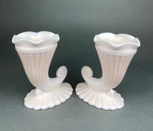 Pink Milk Glass Horn Vases. Pair of Cornucopia Shaped Vases in Rare Shell Pink. Table Centerpieces. Collectible Floral Vases. - Tampa Home & Garden Store