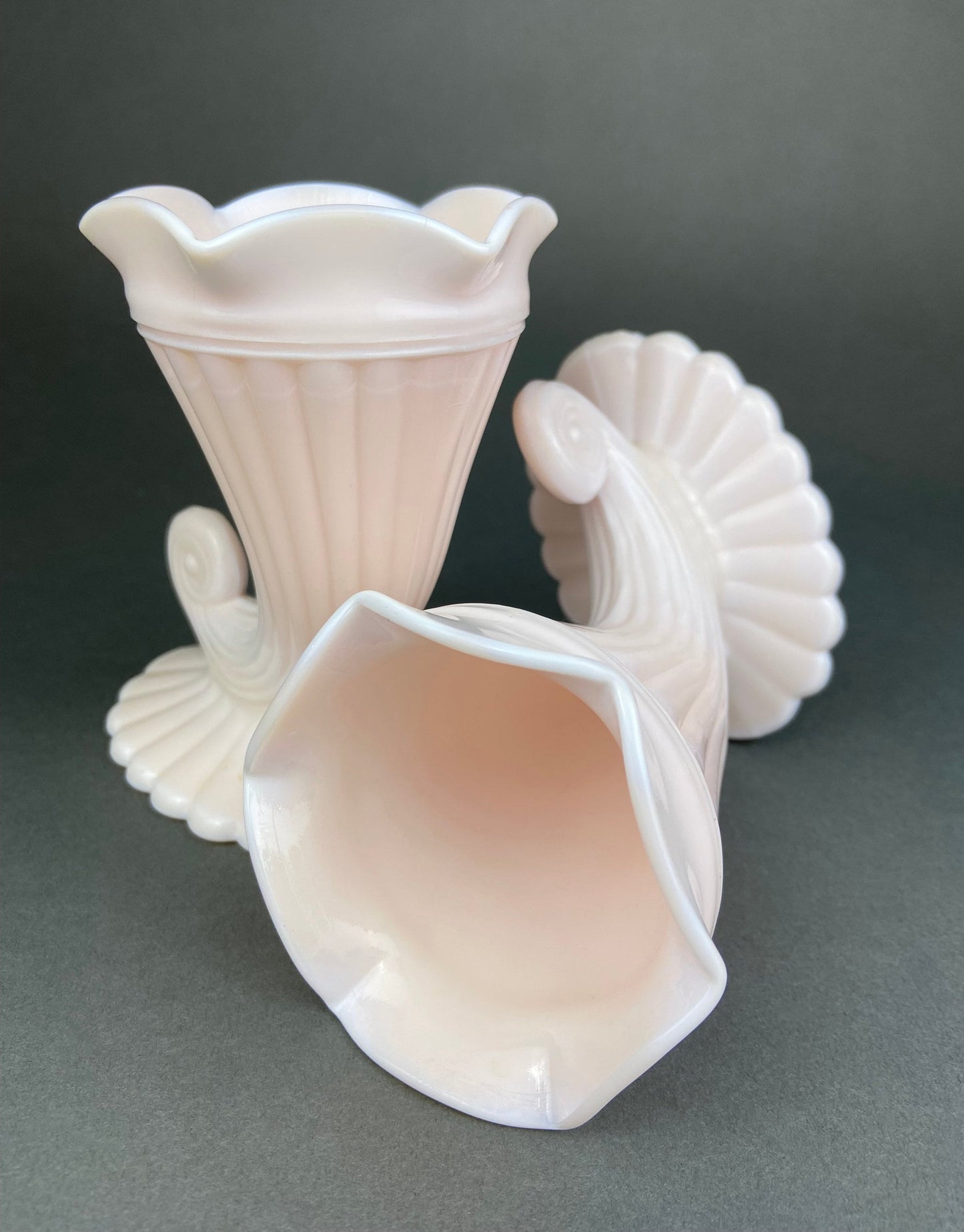 Pink Milk Glass Horn Vases. Pair of Cornucopia Shaped Vases in Rare Shell Pink. Table Centerpieces. Collectible Floral Vases. - Tampa Home & Garden Store