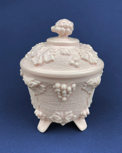 Pink Milk Glass Jar with Lid. Grape Vine Motif.  Footed Trinket Dish with Lid.  Collectible Pink Candy Dish.  Gift for Mom.  Gift for Her. - Tampa Home & Garden Store