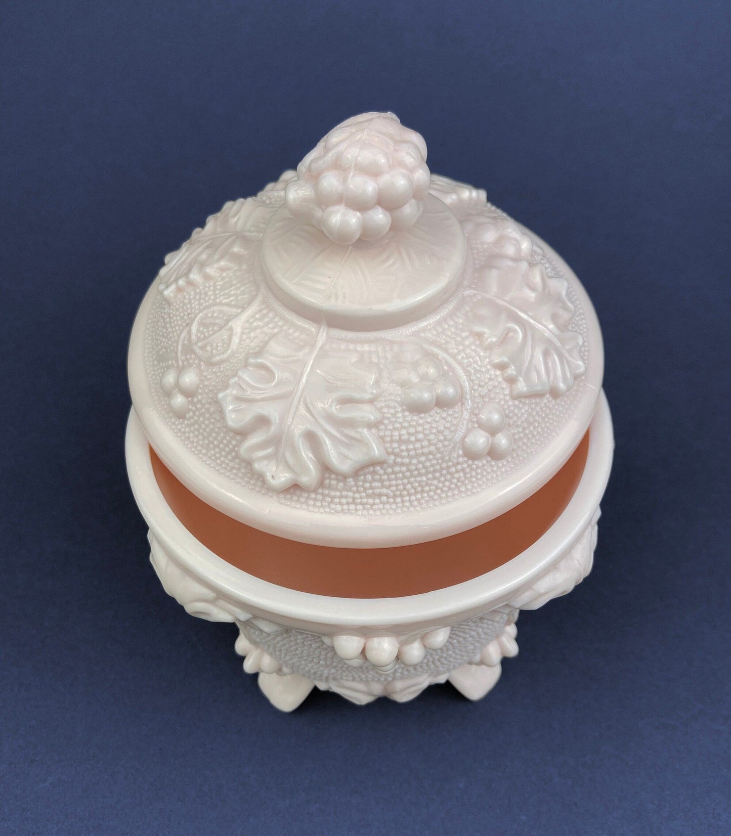 Pink Milk Glass Jar with Lid. Grape Vine Motif.  Footed Trinket Dish with Lid.  Collectible Pink Candy Dish.  Gift for Mom.  Gift for Her. - Tampa Home & Garden Store