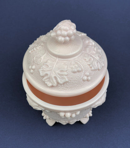 Pink Milk Glass Jar with Lid. Grape Vine Motif.  Footed Trinket Dish with Lid.  Collectible Pink Candy Dish.  Gift for Mom.  Gift for Her. - Tampa Home & Garden Store