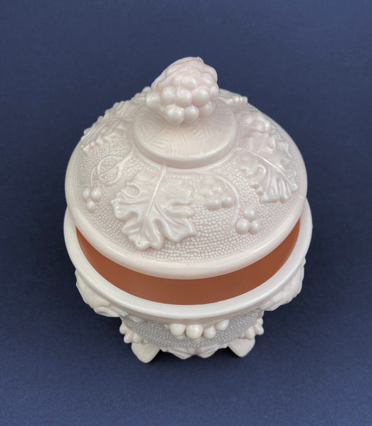 Pink Milk Glass Jar with Lid. Grape Vine Motif.  Footed Trinket Dish with Lid.  Collectible Pink Candy Dish.  Gift for Mom.  Gift for Her. - Tampa Home & Garden Store