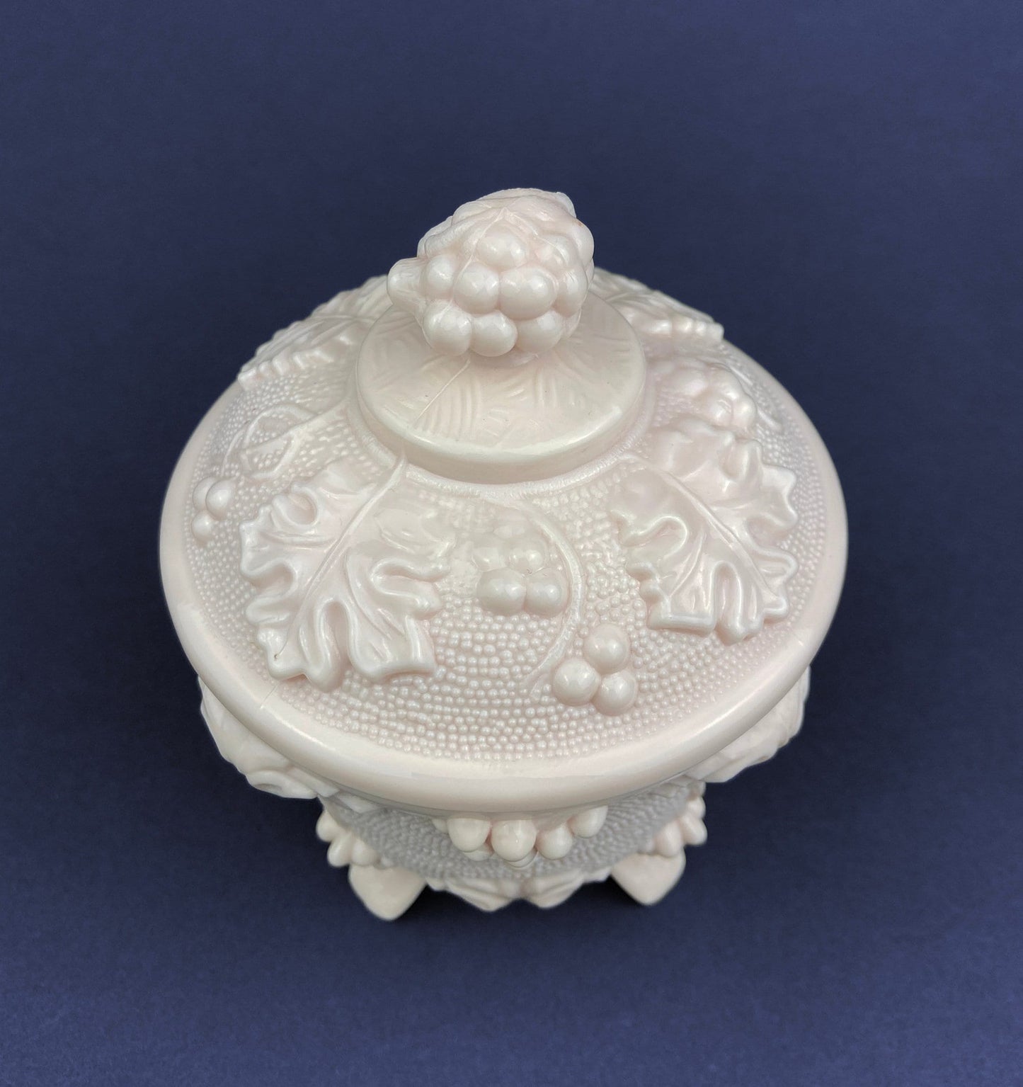 Pink Milk Glass Jar with Lid. Grape Vine Motif.  Footed Trinket Dish with Lid.  Collectible Pink Candy Dish.  Gift for Mom.  Gift for Her. - Tampa Home & Garden Store