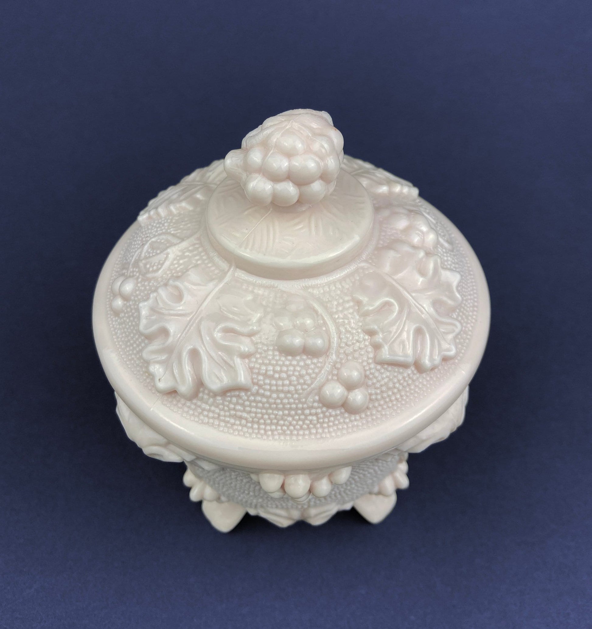 Pink Milk Glass Jar with Lid. Grape Vine Motif.  Footed Trinket Dish with Lid.  Collectible Pink Candy Dish.  Gift for Mom.  Gift for Her. - Tampa Home & Garden Store