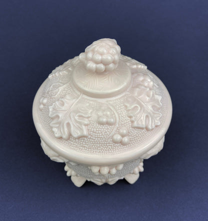 Pink Milk Glass Jar with Lid. Grape Vine Motif.  Footed Trinket Dish with Lid.  Collectible Pink Candy Dish.  Gift for Mom.  Gift for Her. - Tampa Home & Garden Store