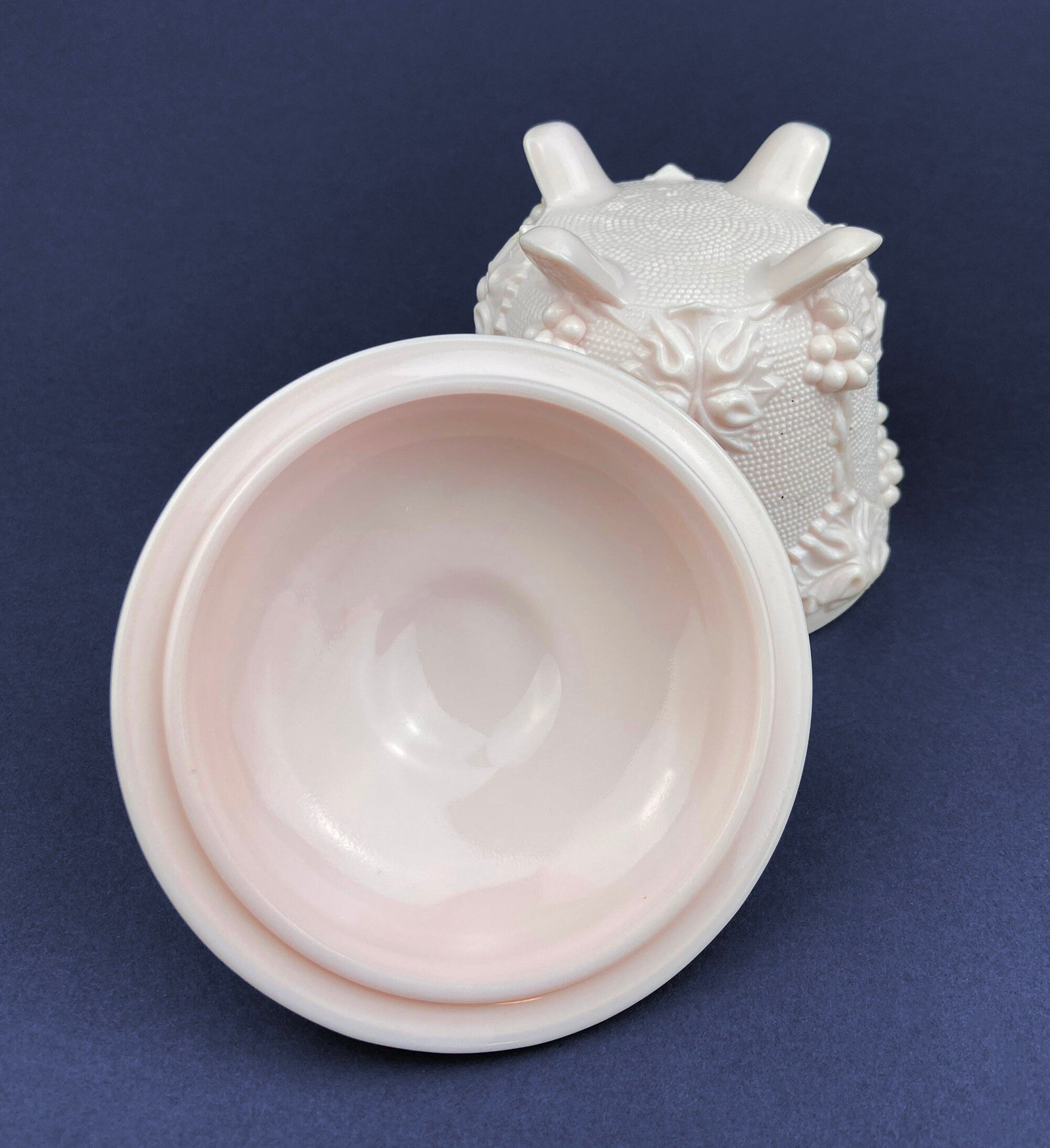Pink Milk Glass Jar with Lid. Grape Vine Motif.  Footed Trinket Dish with Lid.  Collectible Pink Candy Dish.  Gift for Mom.  Gift for Her. - Tampa Home & Garden Store