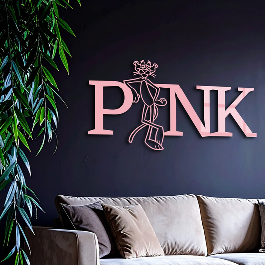 Pink Panther metal wall art with pink typography and a cartoon panther figure, Enova Art on Tampa Home & Garden Store
