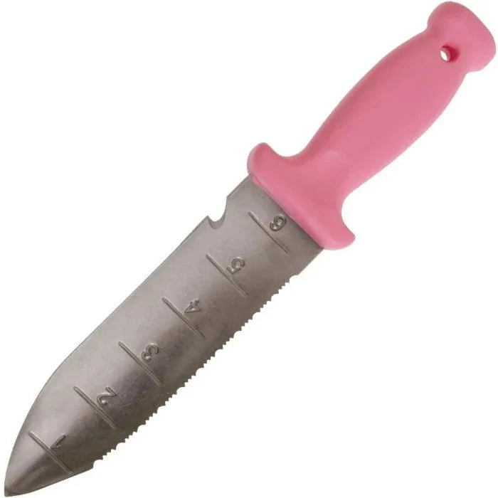 AM Leonard Deluxe Soil Knife pink handle with serrated blade and measurement marks on Tampa Home & Garden Store