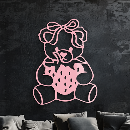 Pink Teddy Bear with Strawberry Metal Wall Art – Cute Bow Design for Kids Room - KAFGP020 - Tampa Home & Garden Store