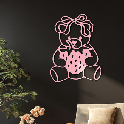 Pink Teddy Bear with Strawberry Metal Wall Art – Cute Bow Design for Kids Room - KAFGP020 - Tampa Home & Garden Store