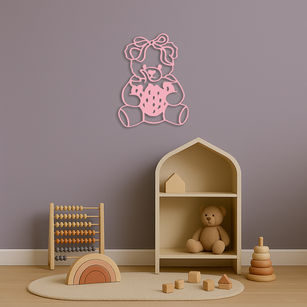 Pink Teddy Bear with Strawberry Metal Wall Art – Cute Bow Design for Kids Room - KAFGP020 - Tampa Home & Garden Store